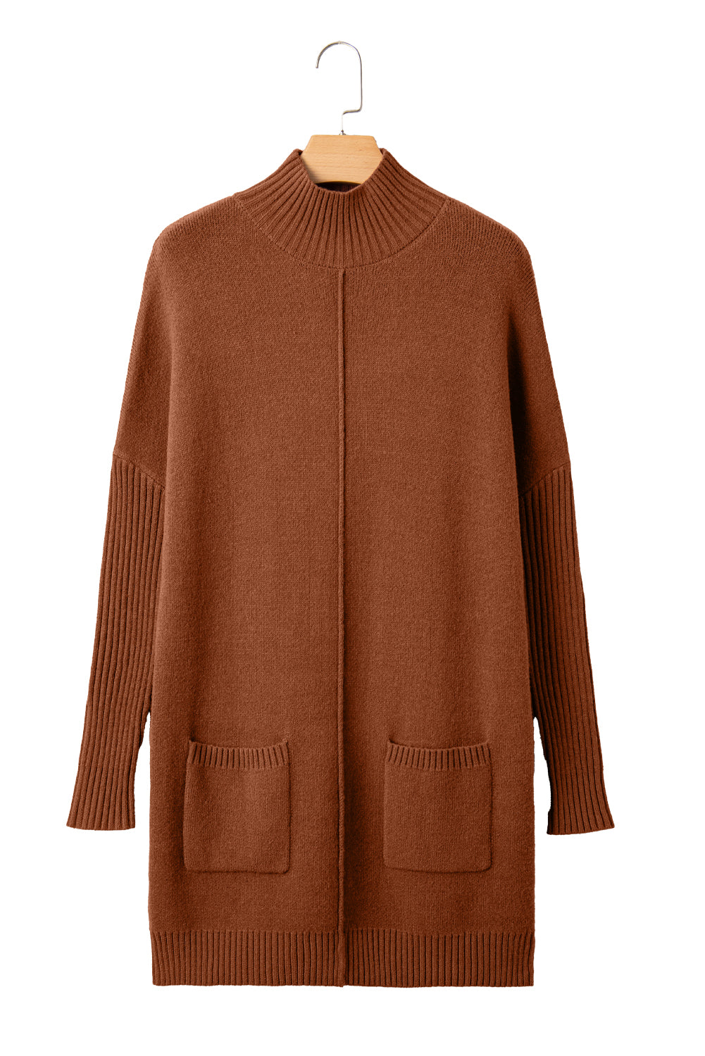 Chestnut Ribbed High Neck Front Pockets Center Seam Shift Sweater Dress 81da9818cbc376fb