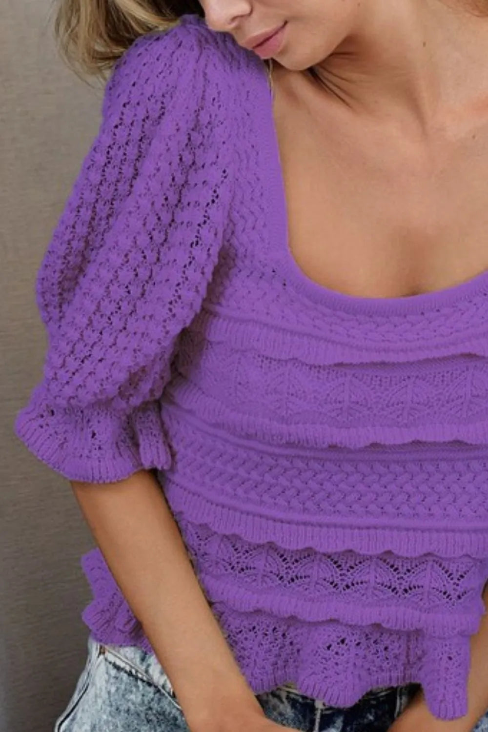 BiBi Square Neckline with Puff Sleeve Crochet Top 81df7e93-0d4d-47b0-bda1-34a766b858e1-Max-Origin