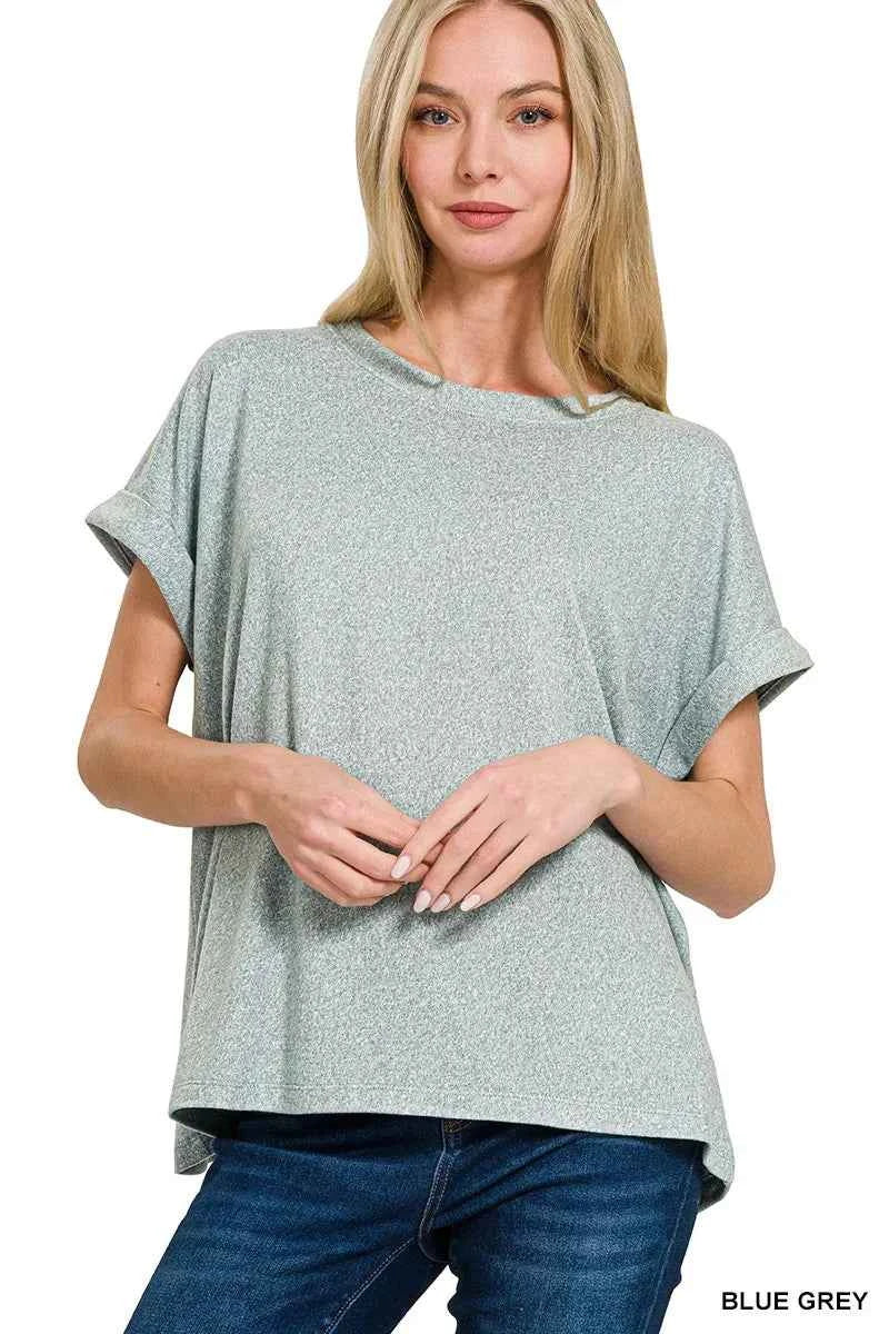 Zenana Soft Melange Hacci Short Sleeve Round Neck Top BLUE GREY 81e21dac3bc04042bb95fc0204b7e764-Max-Origin