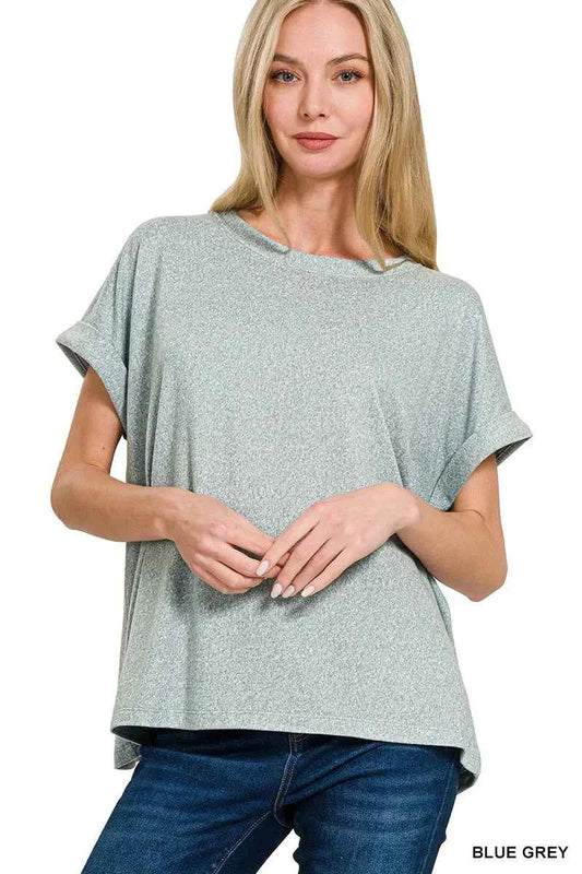 Zenana Soft Melange Hacci Short Sleeve Round Neck Top BLUE GREY 81e21dac3bc04042bb95fc0204b7e764-Max-Origin