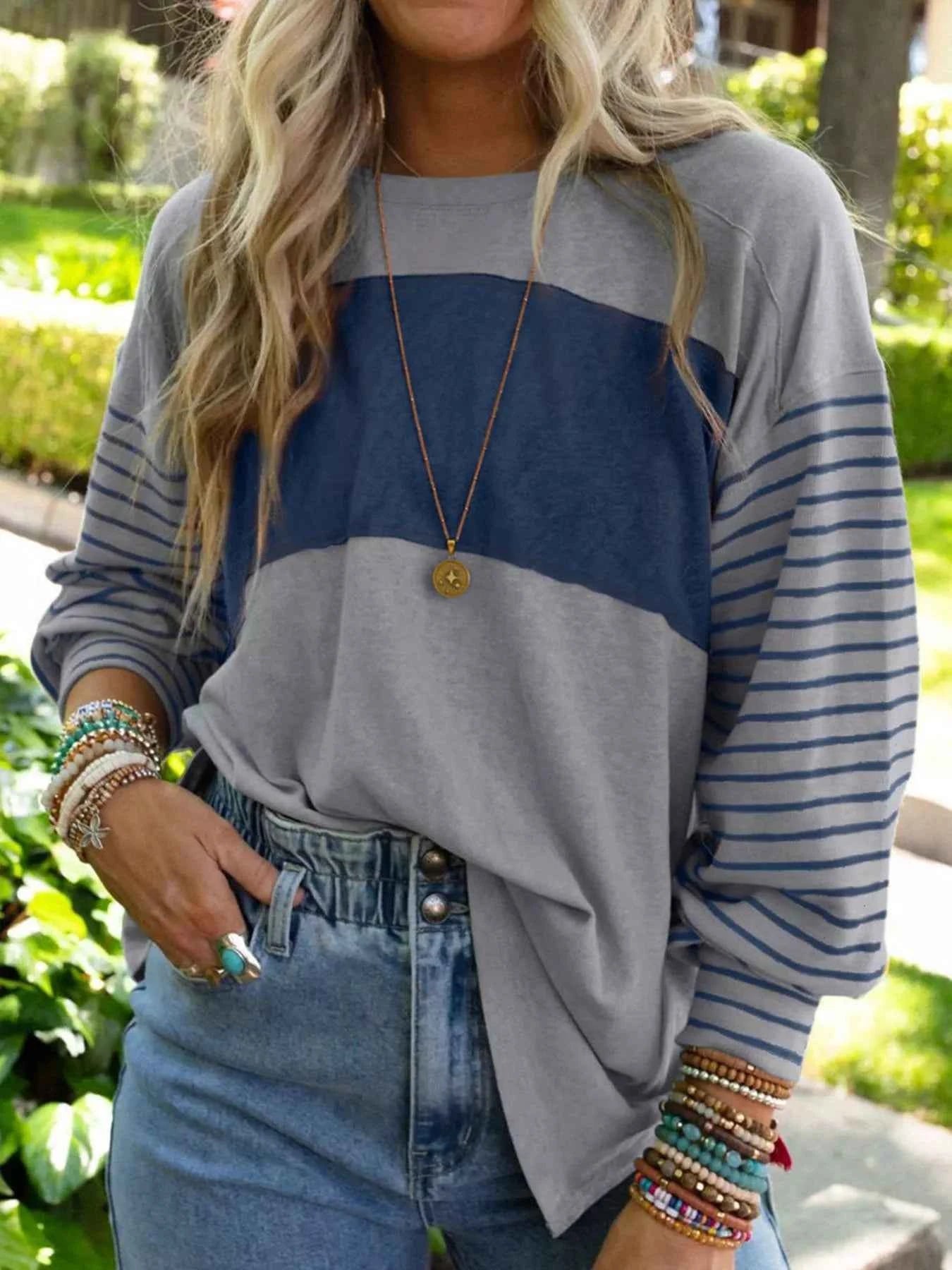 Striped Color Block Long Sleeve T-Shirt Peacock Blue 81e3c46d-d0de-4082-bdc2-c8ab82cb63d0-Max-Origin