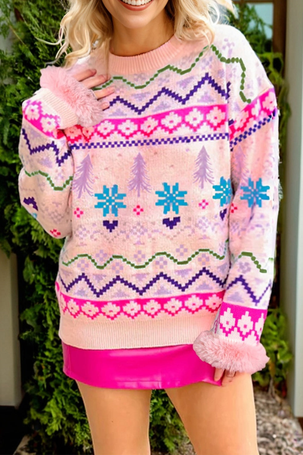 Multicolour Ethnic Christmas Pattern Knit Feather Cuffed Sweater