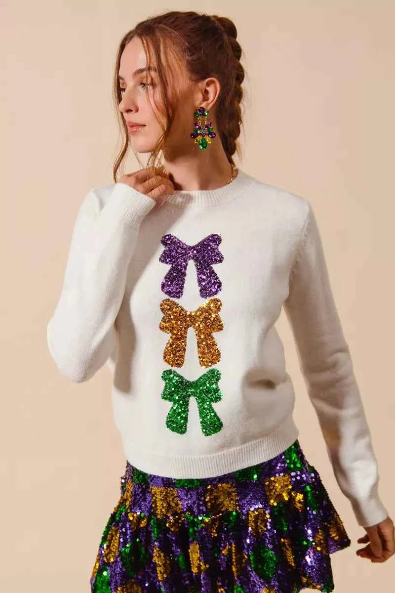 SO ME Mardi Gras Sequins Bow Ribbon Embellished Sweater 81e9bb0a5a124c10bbef5dab3212157b-Max-Origin