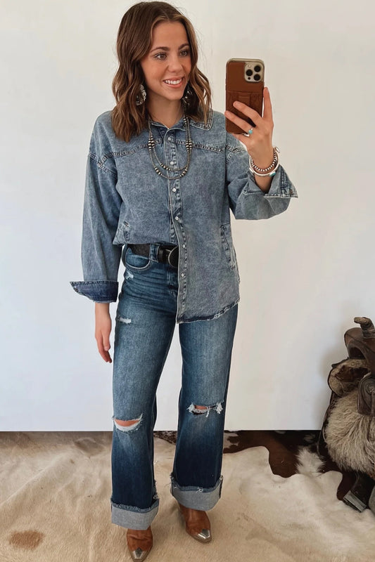 Dusk Blue Western Long Sleeve Shirt Collar Tunic Denim Jacket 81ea4143eef269a9