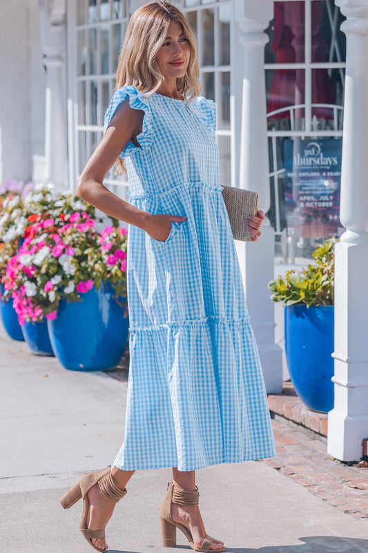 Sky Blue Knot Back Ruffled Short Sleeve Gingham Maxi Dress 81ea930e9d545f3f