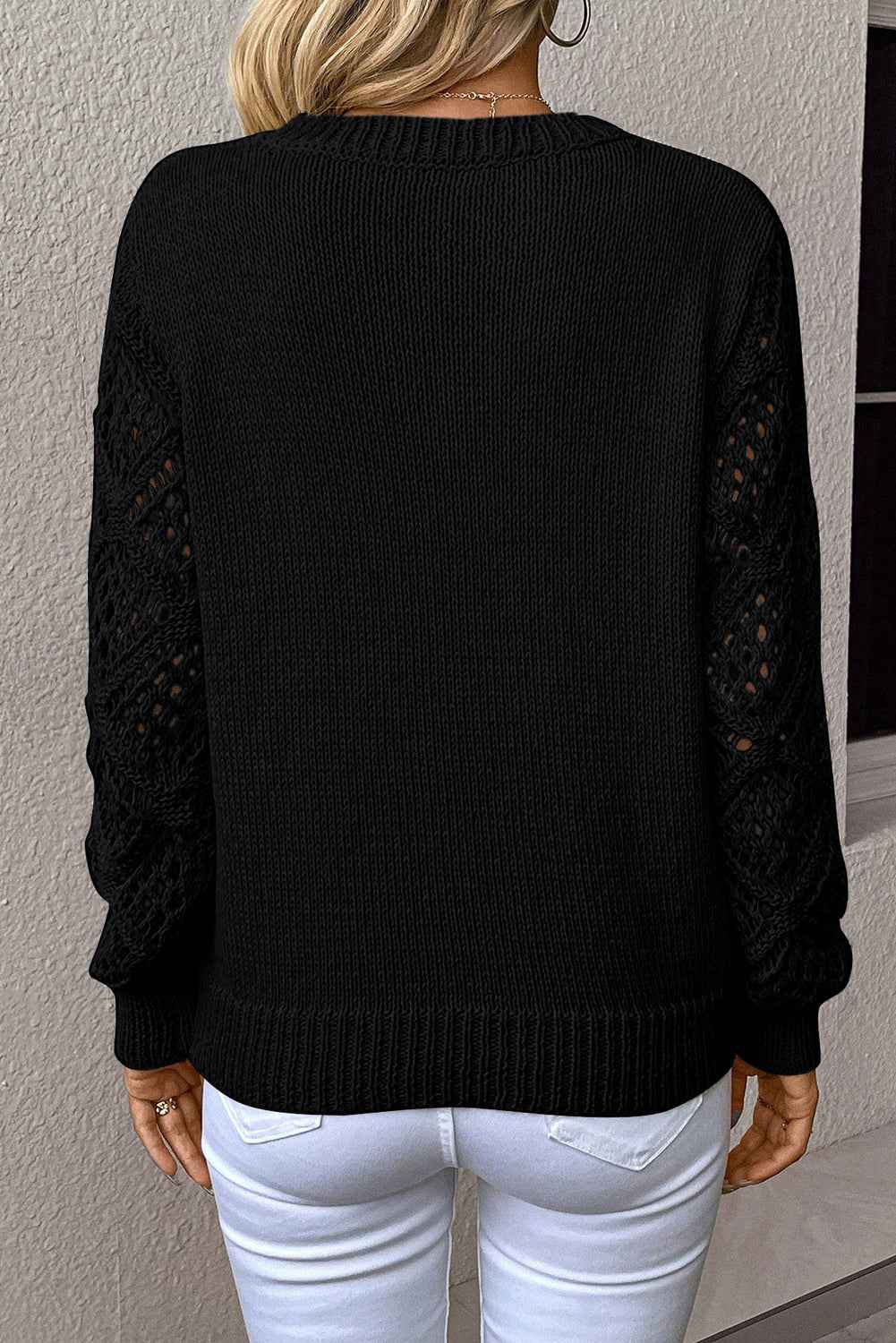 Beau Blue Solid V Neck Pointelle Knit Sleeve Patchwork Sweater 81ef8db0251bcb10