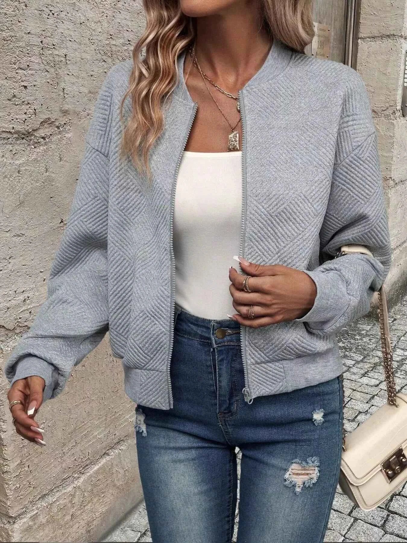 Texture Zip-Up Bomber Jacket 81f134694c844bc18f6559ebd317113c-Max-Origin