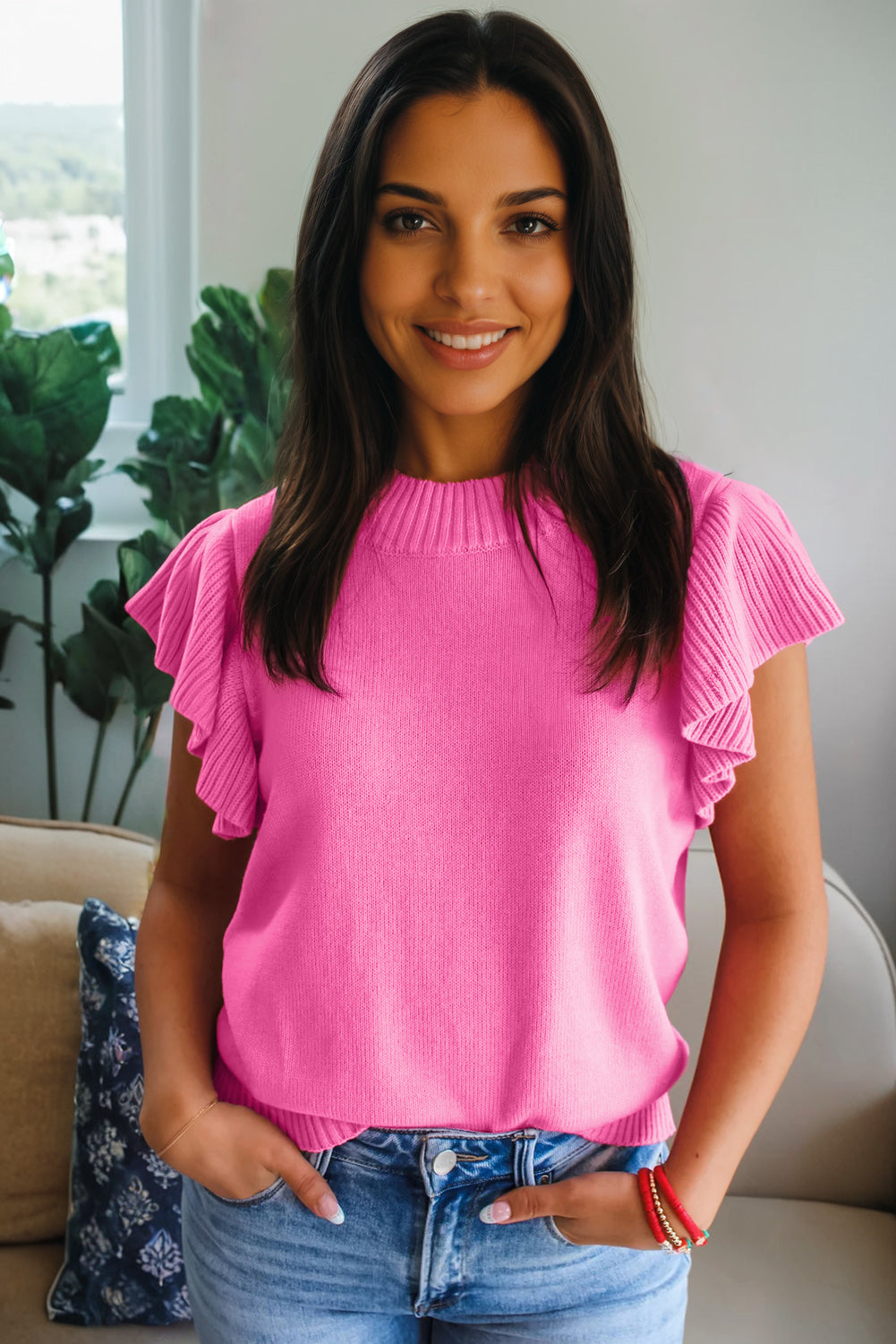 Sachet Pink Solid Color Ribbed Trim Round Neck Ruffle Short Sleeve Sweater 81f4be3099178313
