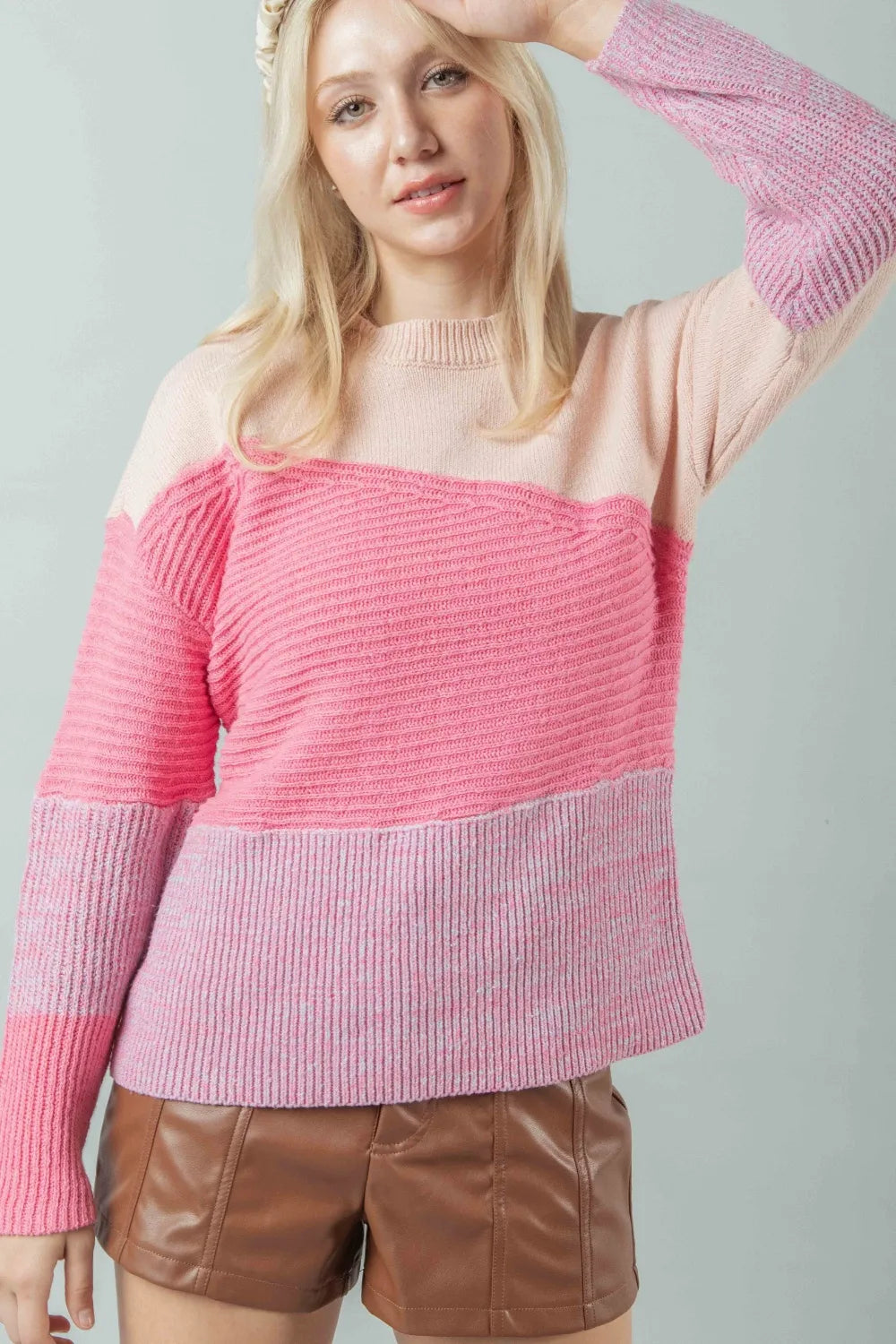 VERY J Color Block Long Sleeve Sweater PINK 81f5391b-aca4-4bbf-8335-6390a9aeb96a-Max