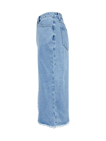 Raw Hem Slit Midi Denim Skirt