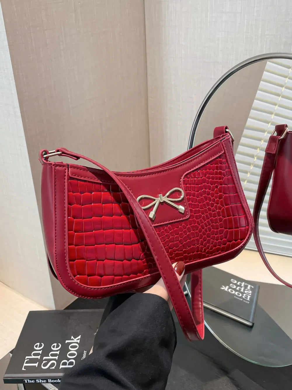 Crocodile Pattern Shoulder Bag with Bow Detail Red One Size 81fc2490-e14e-495a-8433-82c26a76c3a5-Max