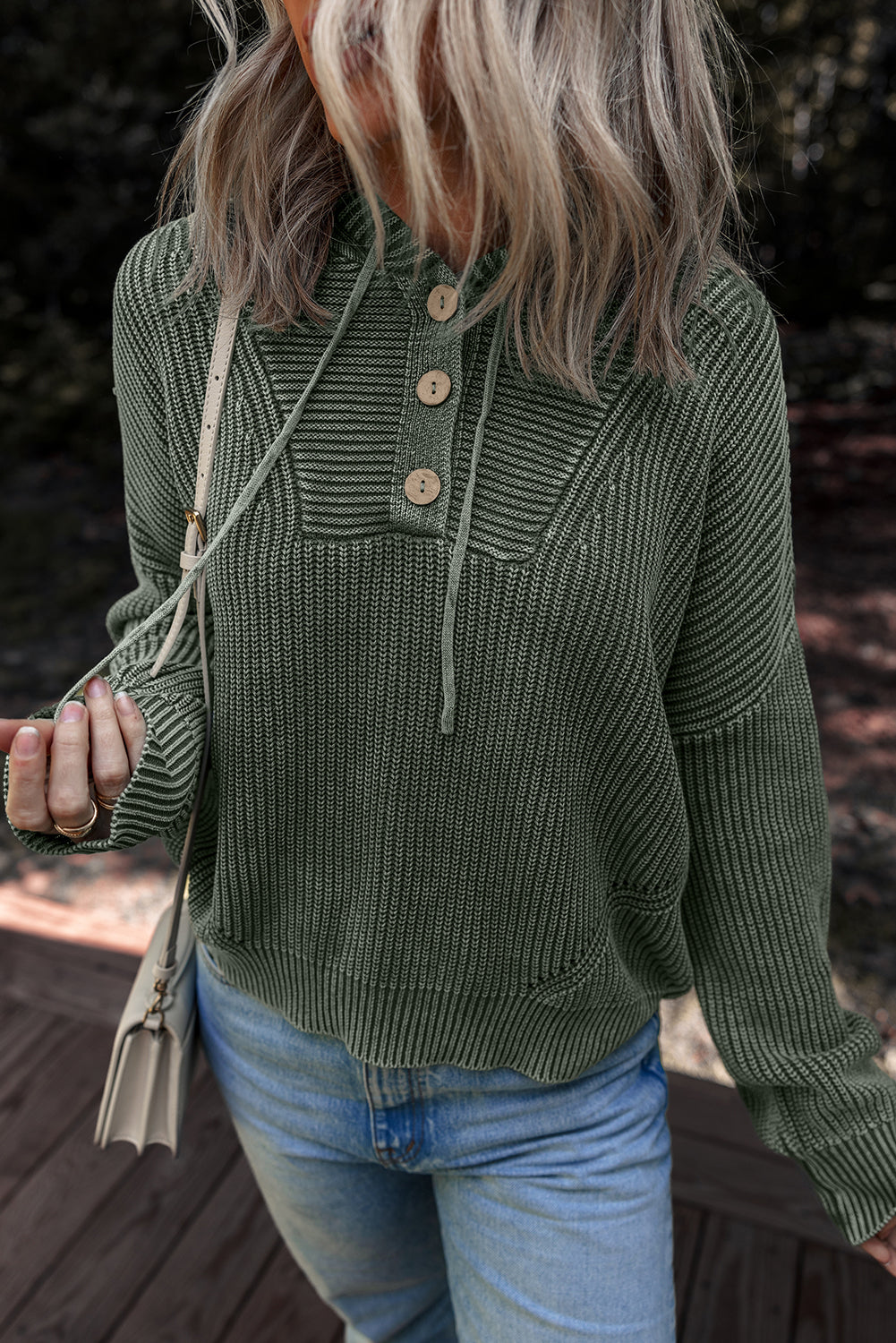 Mist Green Mineral Wash Ribbed Knit Drawstring Hooded Sweater 8204ee7a91a99202