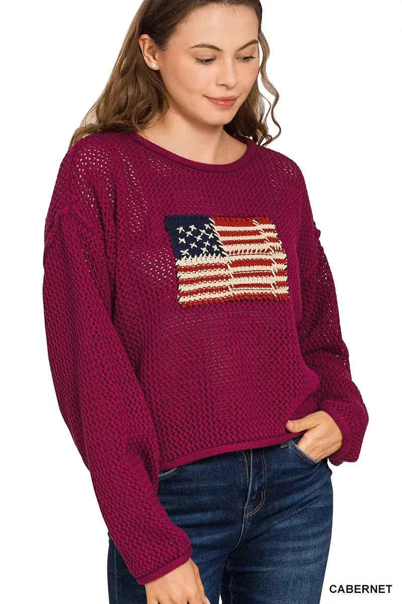Zenana American Flag Crew Neck Sweater CABERNET 820518891a744094b778c4a69b1a0a24-Max-Origin