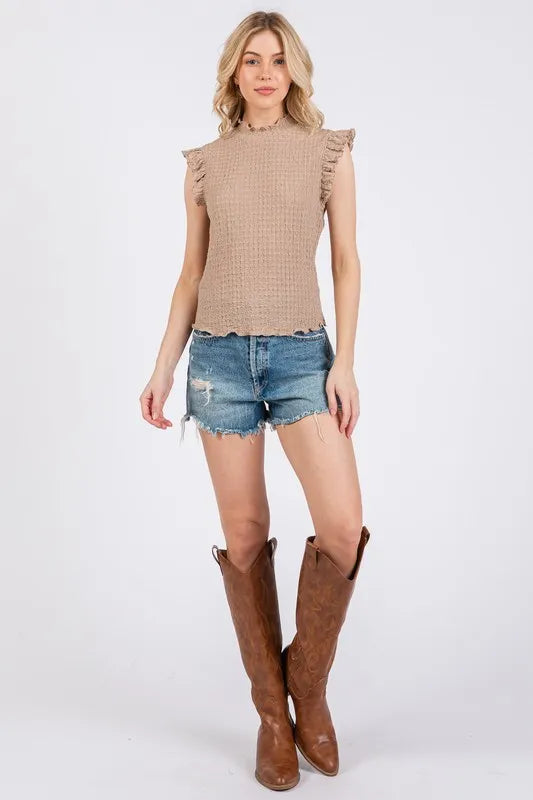 Ces Femme Texture Mock Neck Ruffle Cap Sleeve Blouse 82057931-f18a-4db2-b66c-83570c5f3d2f-Max