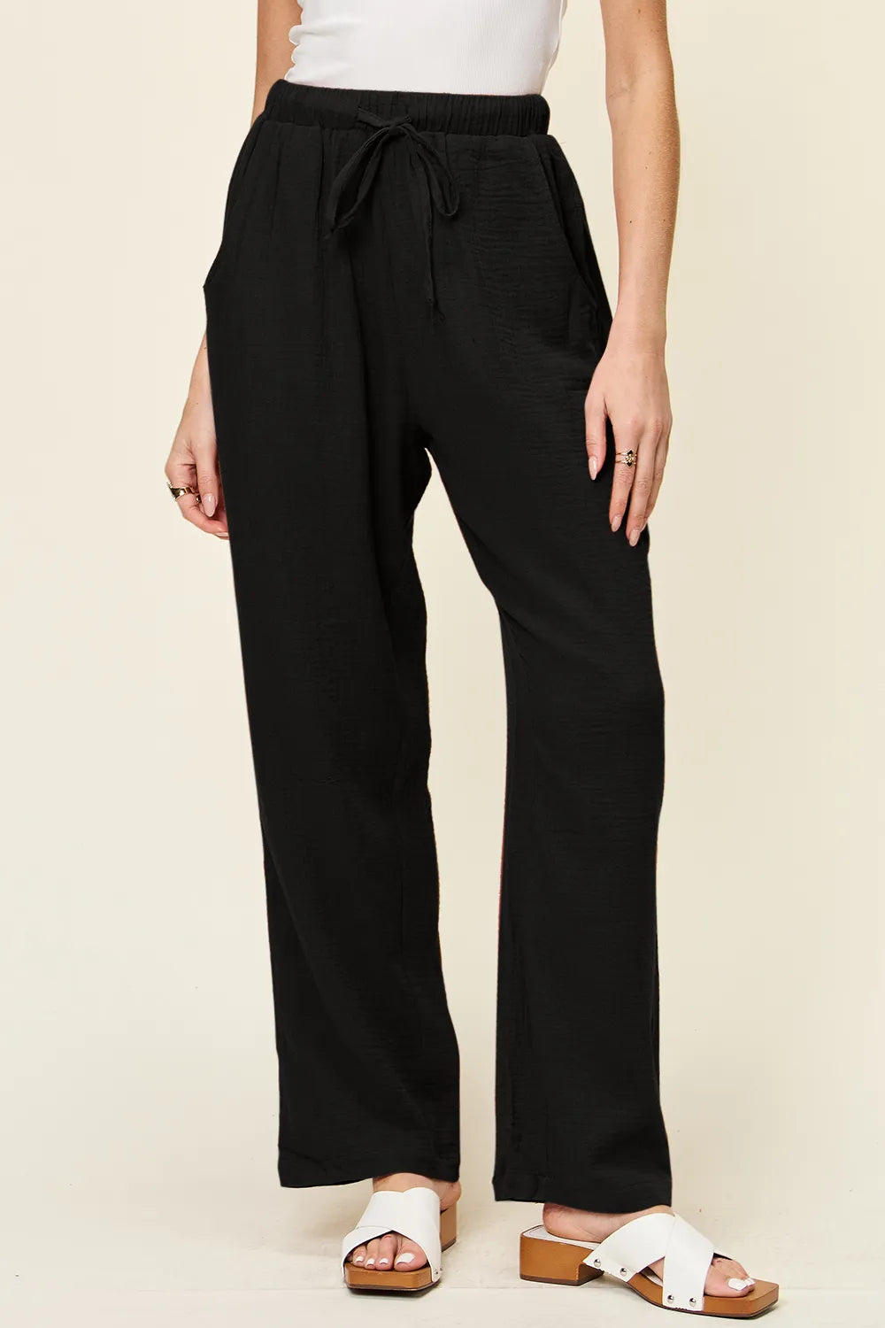 Double Take Full Size Texture Drawstring Straight Pants Black 8206f28e-07ad-47cb-8588-2dcd7538d194-Max