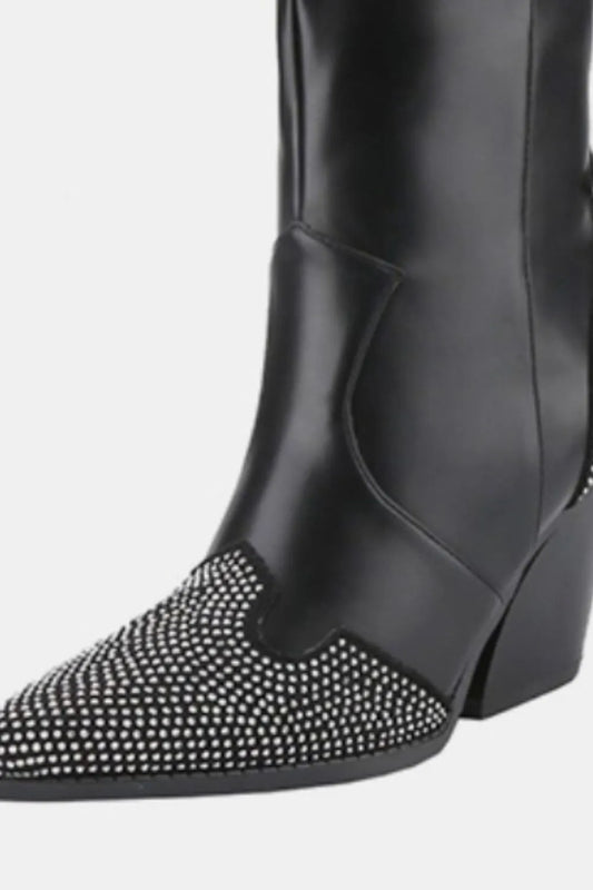 Weeboo Chunky Heel Rhinestone Decor Western Boots 820aaed9-4f77-40a7-a6d0-37f82b8dec2d-Max