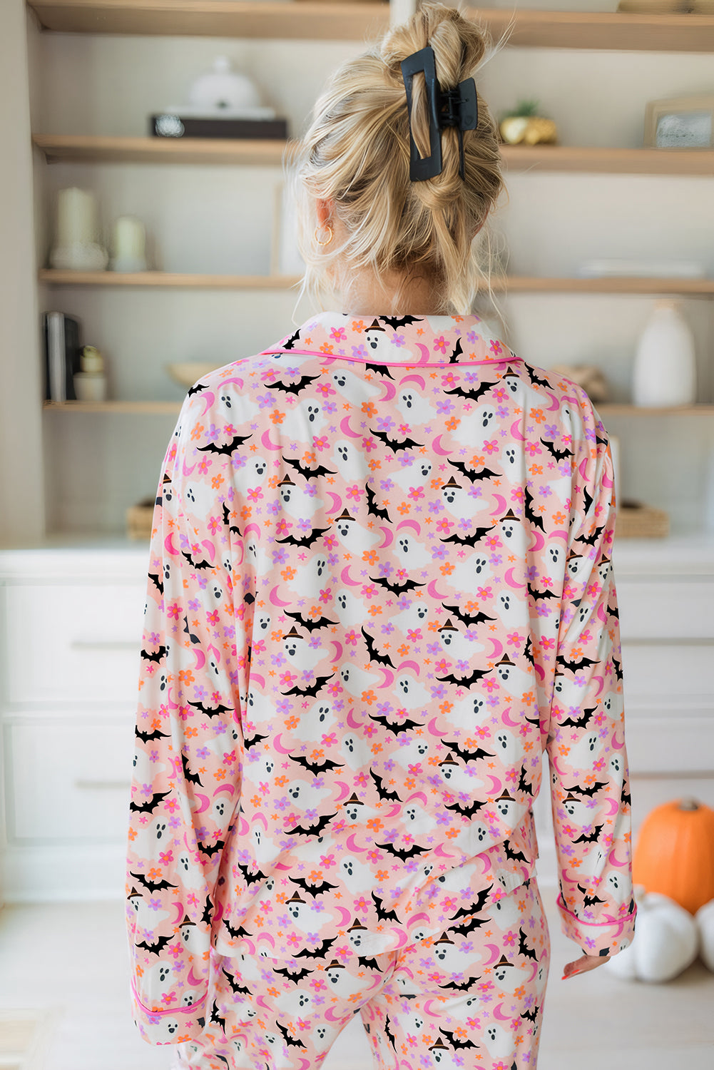 Pink Cute Floral Halloween Ghost Print Long Pajama Set 820c8f7f2d1f9a4b