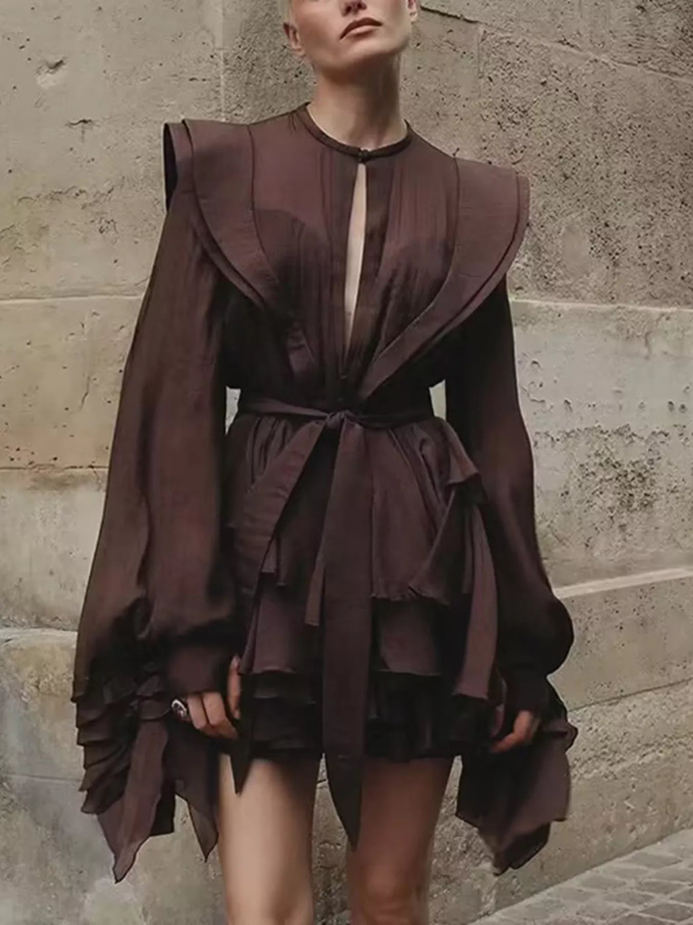 Ruffled Long Sleeve Mini Dress Coffee Color 820fa27fc7b7409a8ea12ec804ed3438-Max-Origin