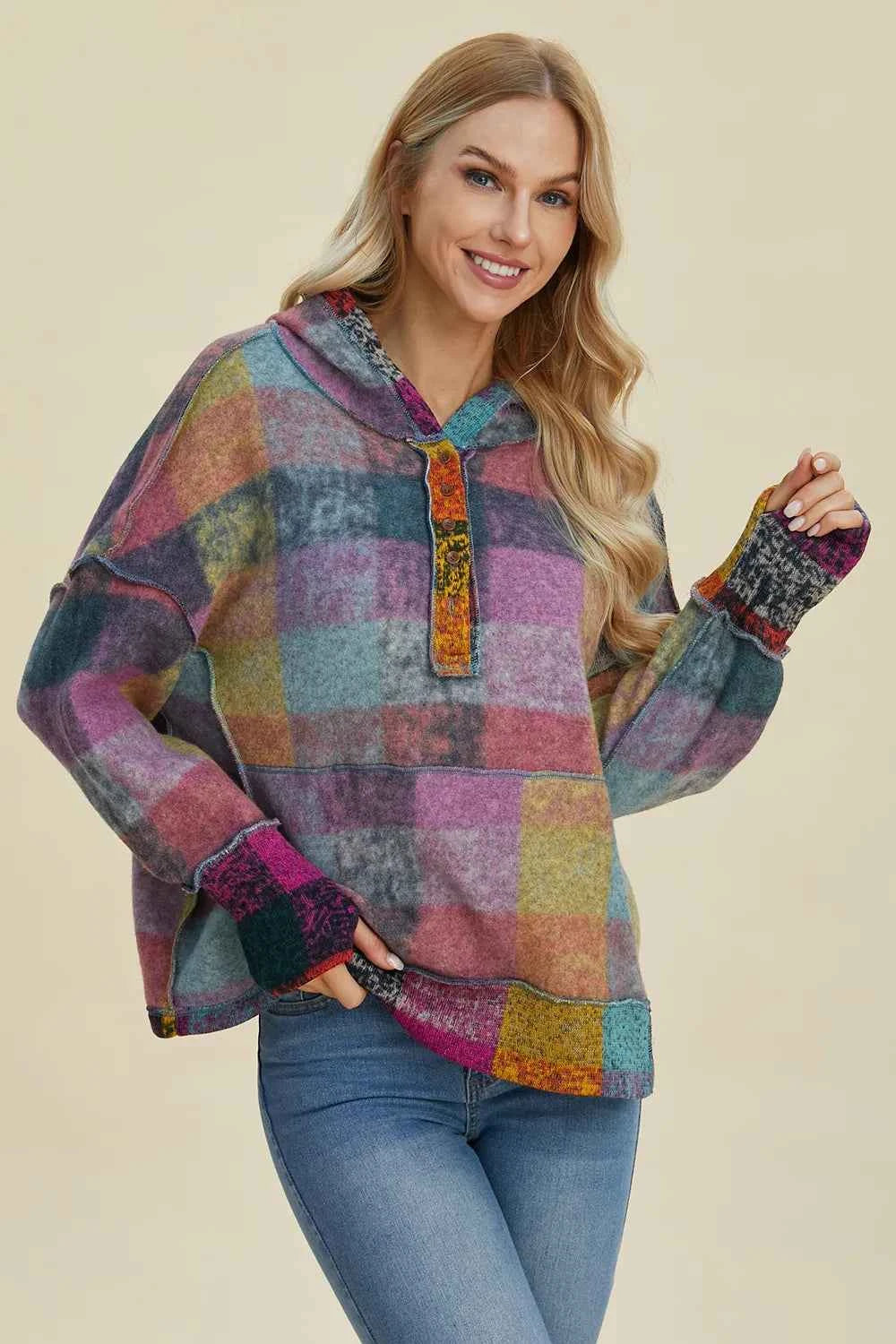 Double Take Full Size Plaid Dropped Shoulder Fleece Hoodie 82101767-04cc-4060-a8e8-0e99c4903b16-Max
