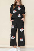 Black Christmas Santa Clause Graphic Sequins Patch Textured Pants Set Black 95%POLYESTER+5%ELASTANE 82133e75bb7c3059