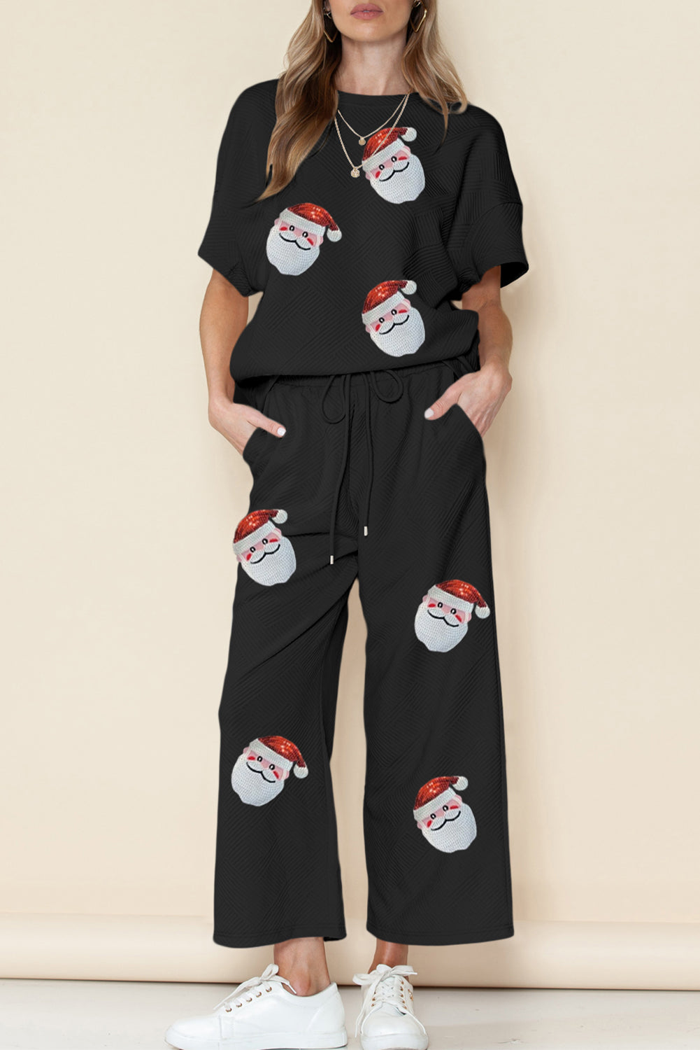 Black Christmas Santa Clause Graphic Sequins Patch Textured Pants Set