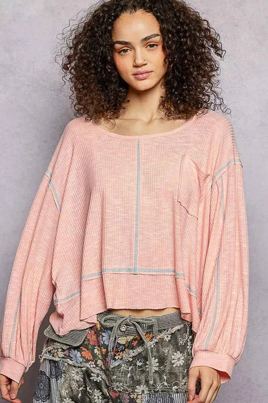 Round Neck Long Sleeve Exposed Seam Top with Chest Pocket BLUSH PINK 821577e4-b845-4c62-8845-d2e8924908f8-Max-Origin