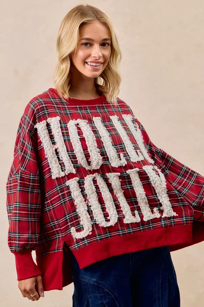 BiBi Holly Jolly Christmas Plaid Oversized Sweatshirt 821c9bd14c494141bbd267408c699eb7-Max-Origin
