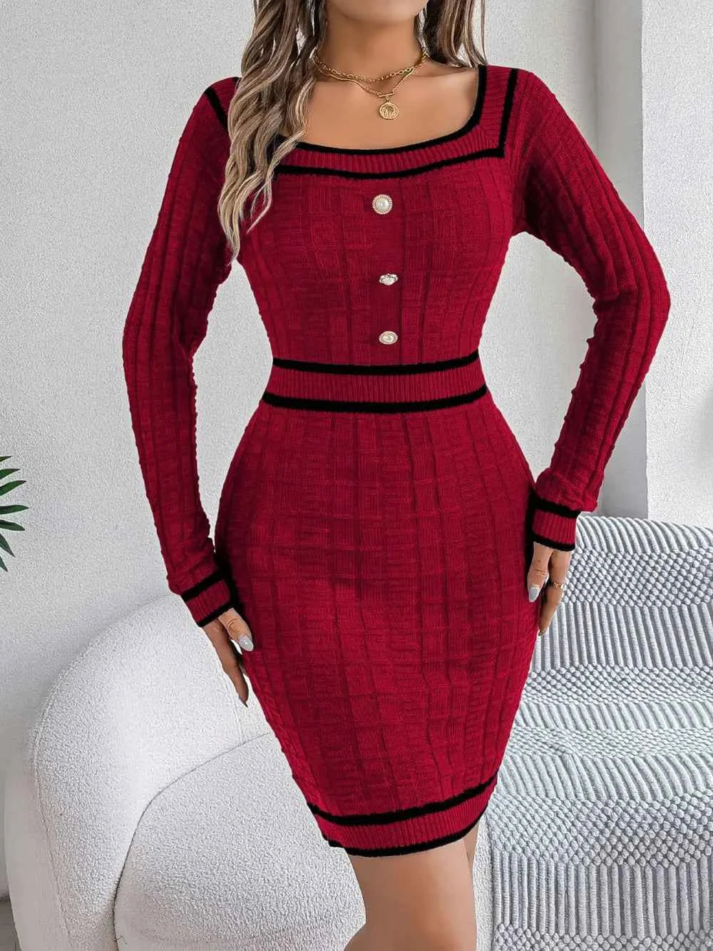 Contrast Trim Long Sleeve Sweater Dress 8222a13b-e10c-41dc-bde1-85d3acc5e712-Max