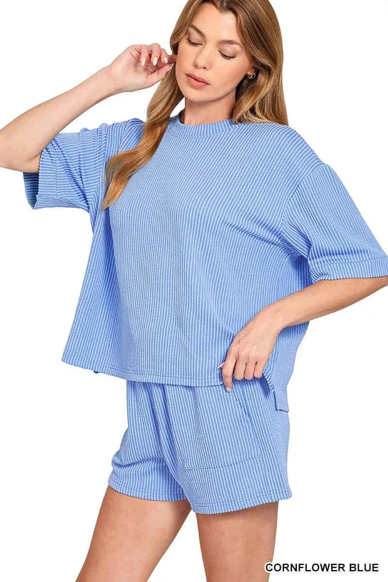 Zenana Raised Rib Short Sleeve Tee and Drawstring Shorts Set 82240ef1-331d-424d-83df-303369868830-Max-Origin