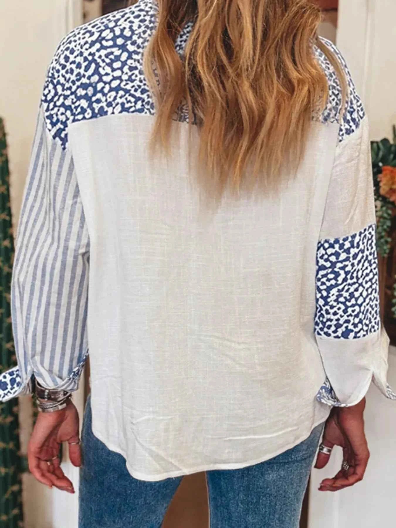 Striped Patchwork Button Down Shirt with Leopard Print Details 82249972b9e74317a5401d17f64a4995-Max-Origin