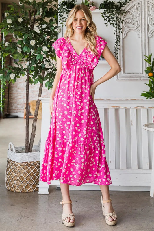 Printed V-Neck Ruffle Trim Tiered Midi Dress 822ae790-4b4d-4dd3-88a1-e7df75b00445-Max