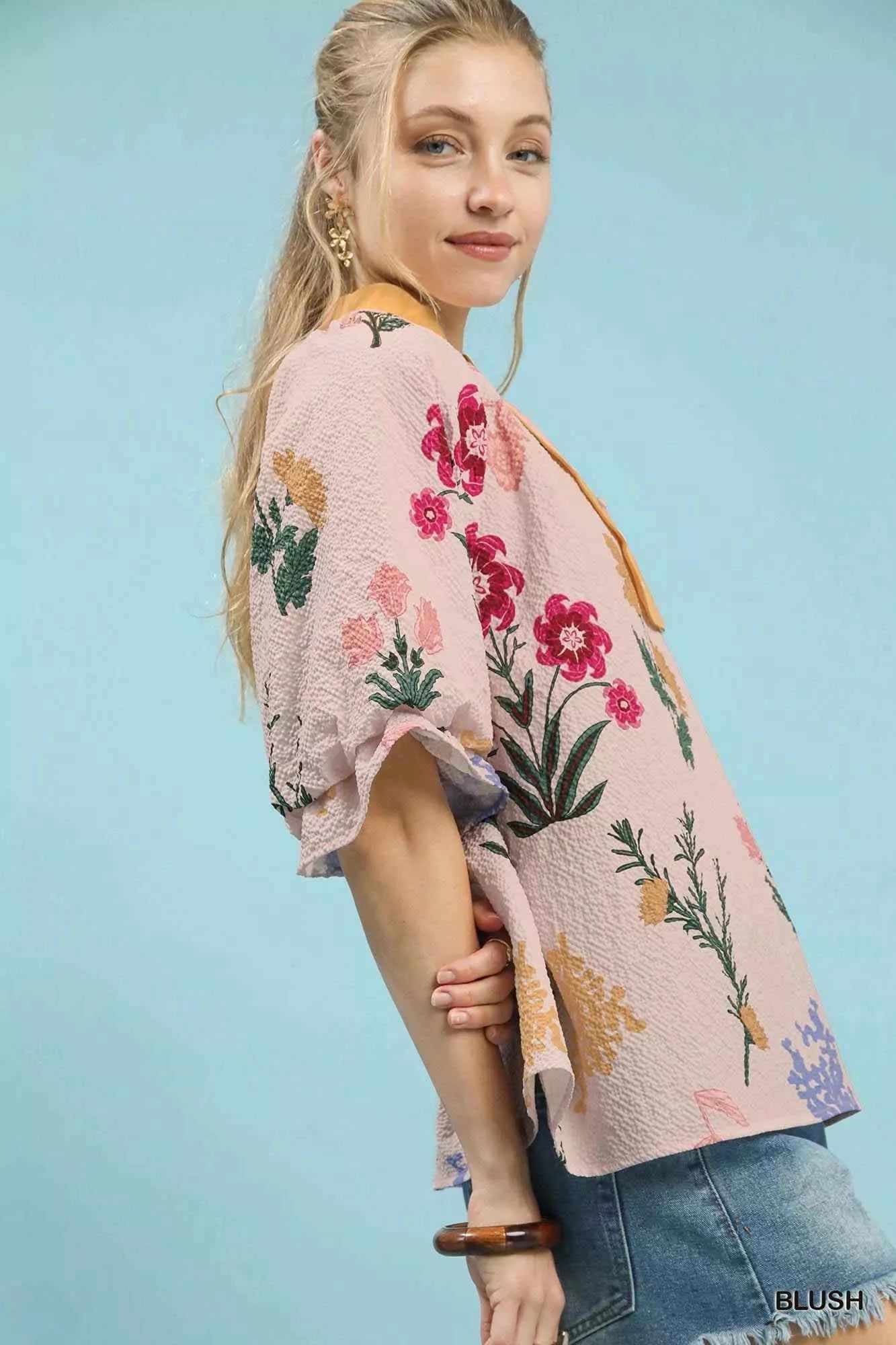 Umgee Floral Puff Sleeve Blouse with Scallop Trim Collar 822bc2ae-64e0-4c55-9520-1b7ccac40ae0-Max-Origin