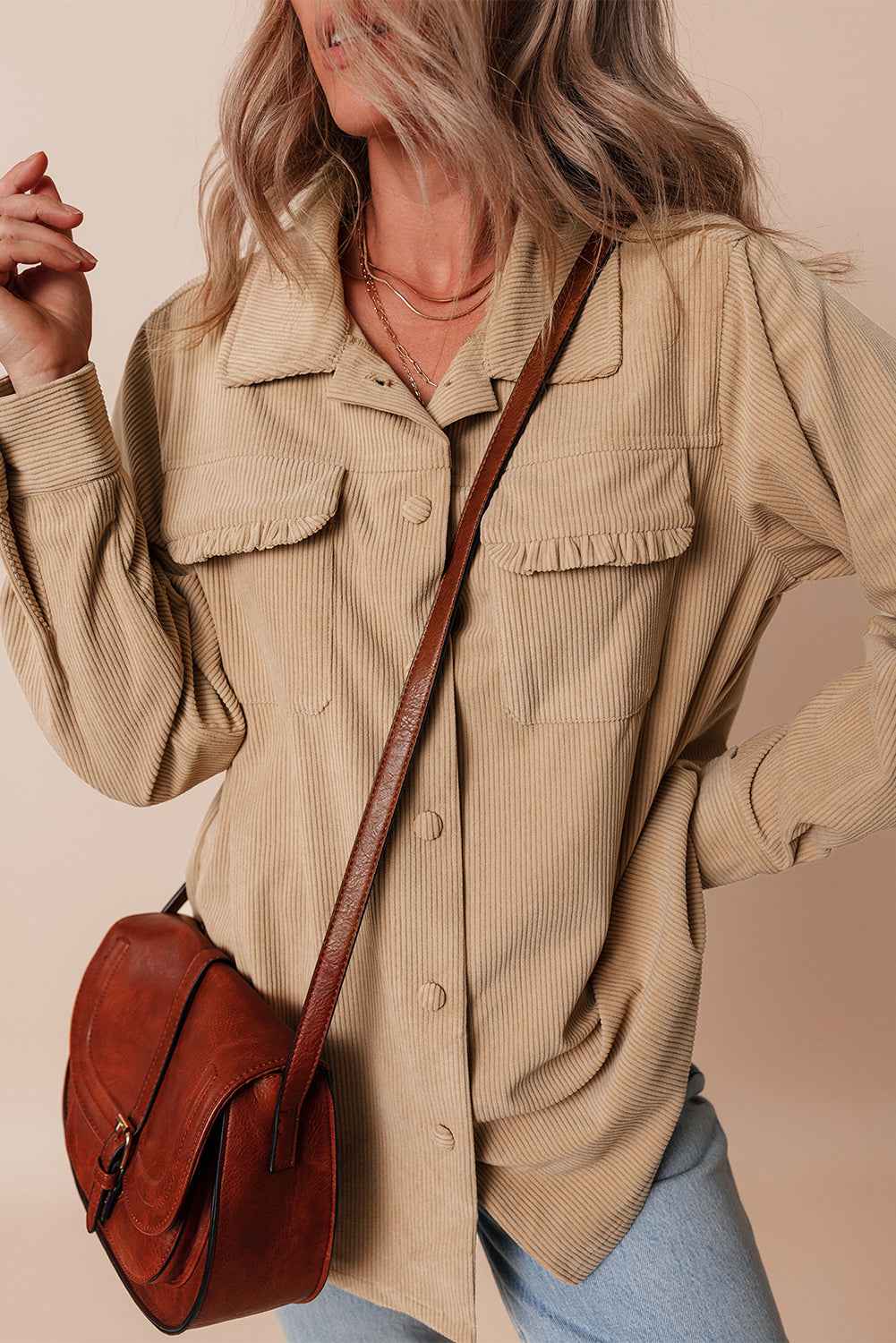 Light French Beige Corduroy Frilled Flap Pocket Button Up Shacket 82312d868fedaaa6