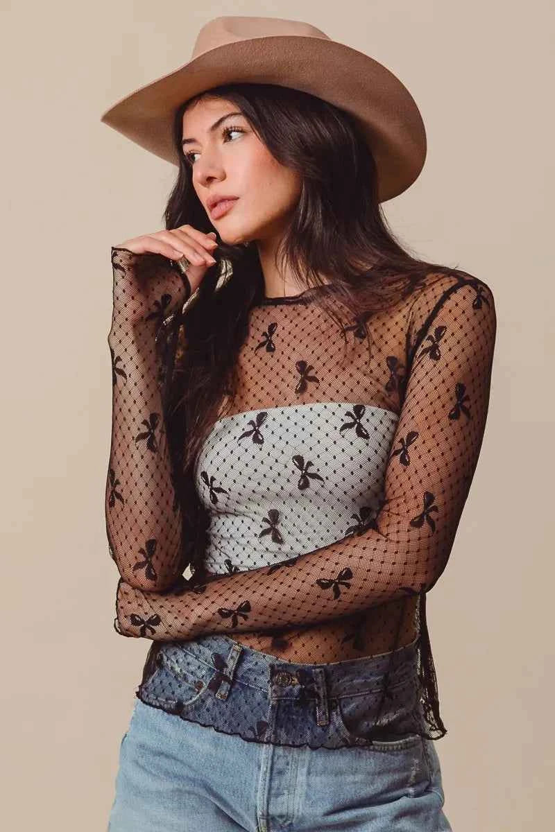 SO ME Bow Ribbon Pattern Sheer Lace Top 8232cfcb075945858a235a7252d36429-Max-Origin