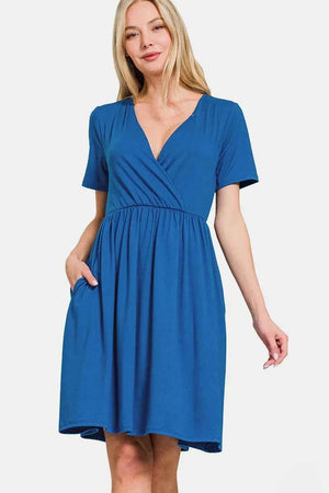 Surplice Short Sleeve Brushed DTY Dress Classic Blue 8234483b-b93e-4c36-b60d-b438d995ad36-Max