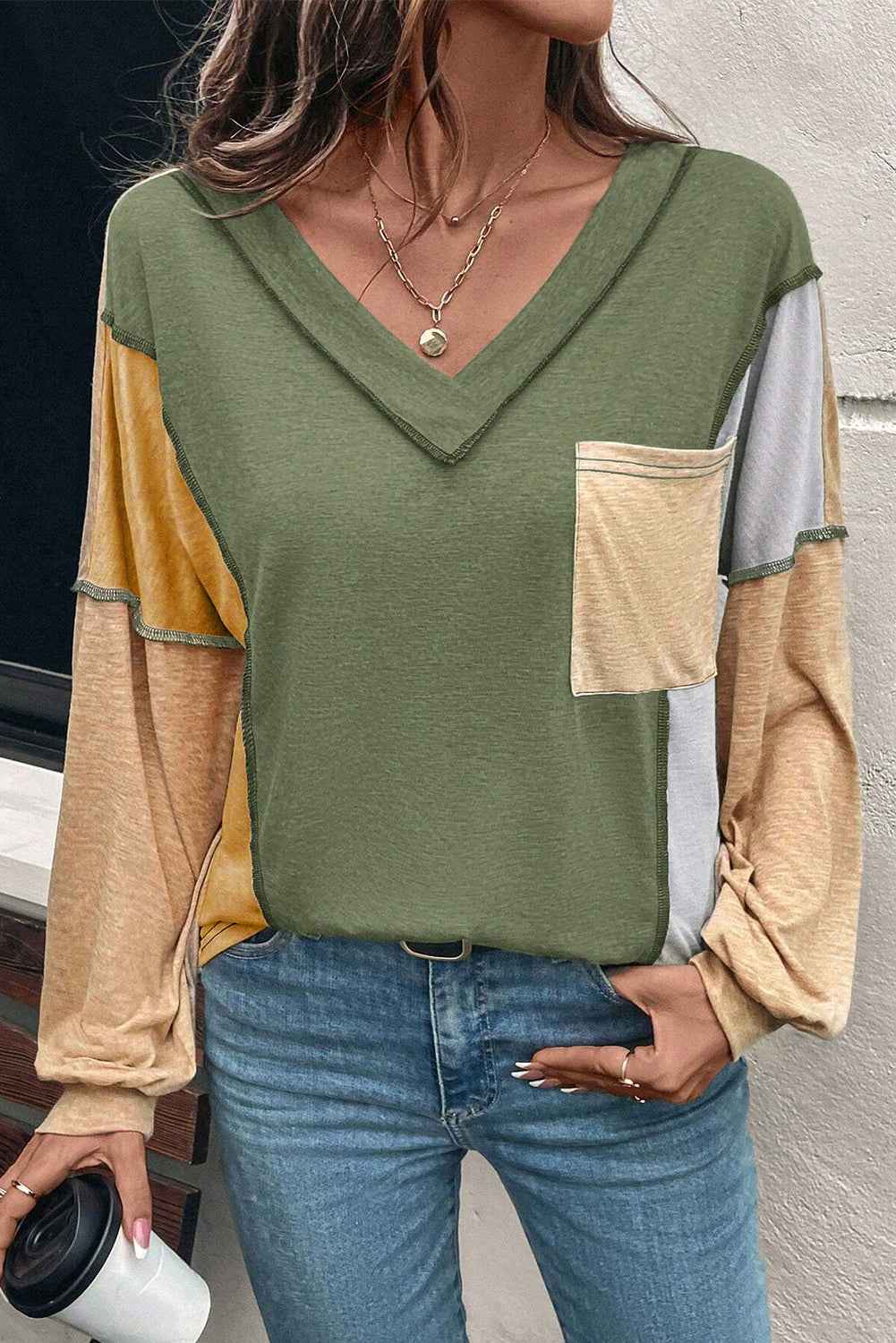 Sail Blue Exposed Stitching Colorblock V Neck Long Sleeve Top Jungle Green 75%Polyester+20%Viscose+5%Elastane 82396a27376ae221