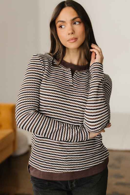 Stripe Textured Knit Long Sleeve T-Shirt Brown 8241aa3f-e7e3-46ef-b52e-bf7b785b57b0