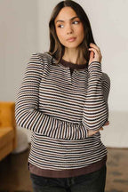Stripe Textured Knit Long Sleeve T-Shirt Brown 8241aa3f-e7e3-46ef-b52e-bf7b785b57b0