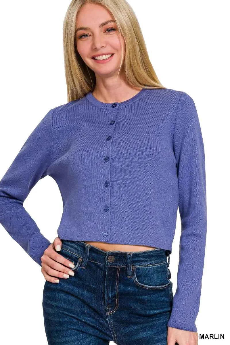 Zenana Button-Front Crewneck Long Sleeve Cropped Cardigan 8244c34fe4764364aba7dcda377187b9-Max-Origin