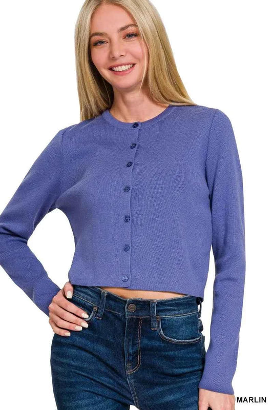 Zenana Button-Front Crewneck Long Sleeve Cropped Cardigan 8244c34fe4764364aba7dcda377187b9-Max-Origin