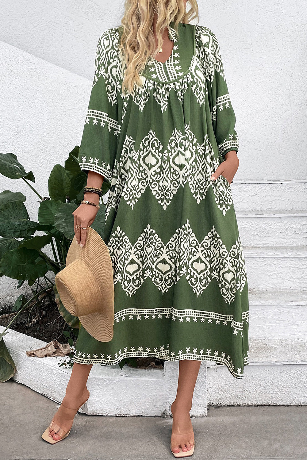 Green Abstract Geometric Print Long Sleeve Vacation Dress Green 824588e5b8b6a3cd