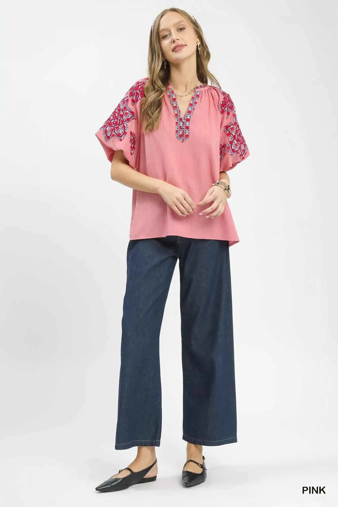 Umgee Embroidered Sleeve Contrast Trim Top 82477eca-98d7-4a8d-aba6-1ecf27917214-Max-Origin