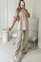 Jet Stream Contrast Striped Trim Crewneck T Shirt Loose Straight Pants Set 824792948f2e4372