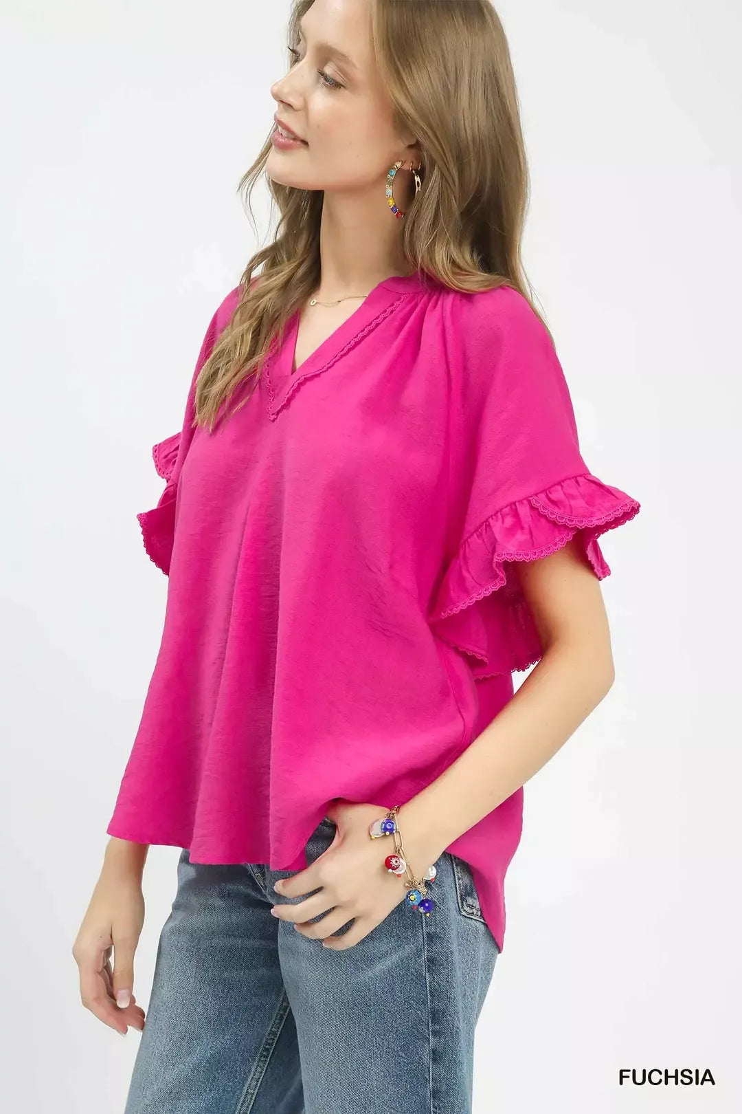 Umgee Ruffle Sleeve V-Neck Flutter Blouse 82481c6f-9ac7-4733-bfc6-2ea1d7ebc141-Max-Origin