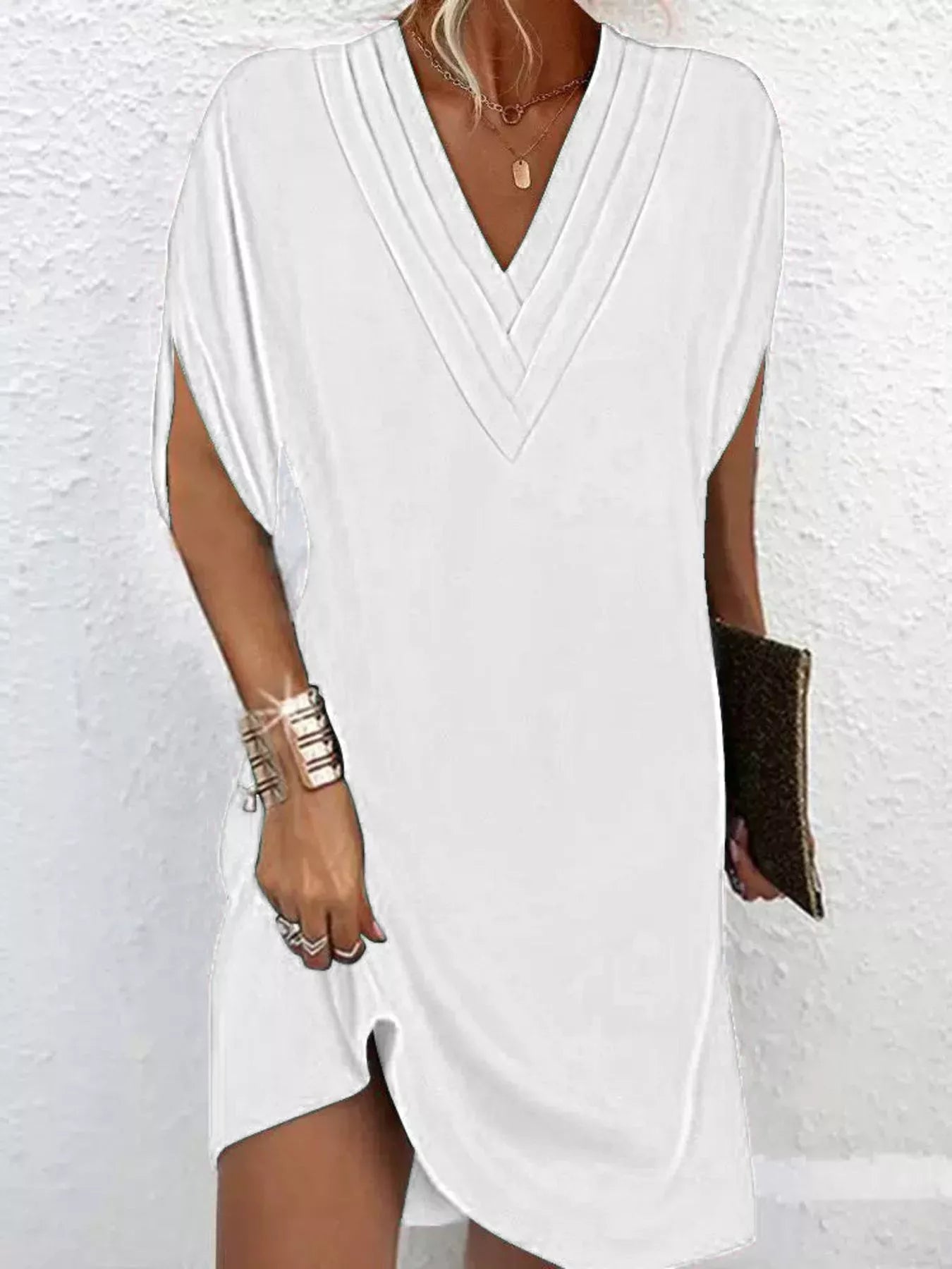 Full Size V-Neck Slit Sleeve Mini Dress Plus Size White 824e0eb0-f103-4be2-a30a-74d08b369acc-Max-Origin