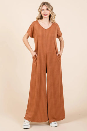 Ribbed Short Sleeve Wide Leg Jumpsuit with Pockets Camel 8251258a-f862-4fe0-817f-563937a116f3-Max
