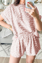 Khaki Abstract Print Cuffed Short Sleeve Loose Top Short Set Khaki 80%Viscose+20%Polyamide 82544b92f42ae1cf