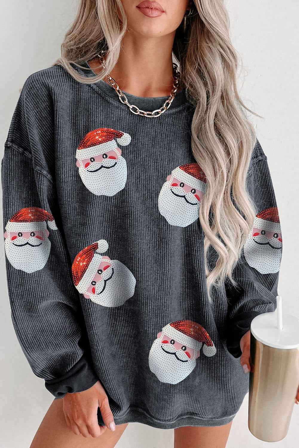 Gray Christmas Santa Claus Sequins Patch Corded Graphic Sweatshirt 8254db8410516ed8