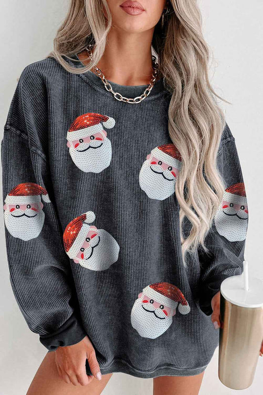 Gray Christmas Santa Claus Sequins Patch Corded Graphic Sweatshirt 8254db8410516ed8