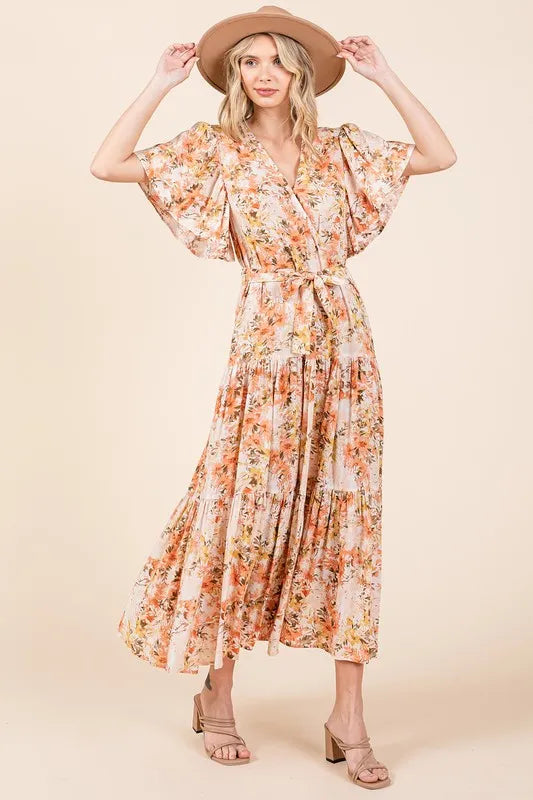Mittoshop Floral Tie Waist Flutter Sleeve Tiered Dress Tangerine 825c7522-e739-4b71-88f2-b0bc4d6fbeab-Max